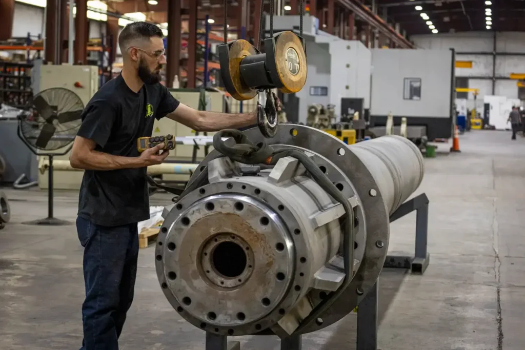 Man bringing hook over to large cylinder to lift it